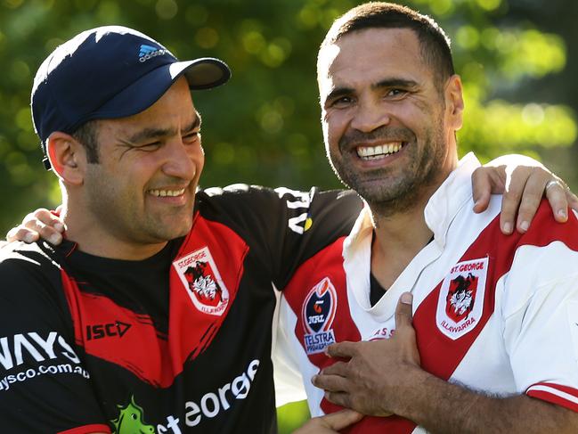 Anthony Mundine in a St George Illawarra rugby league jersey, with Gosh Daher, aka the Phantom Siren outside Jubilee Oval, Kogarah. Pic Brett Costello