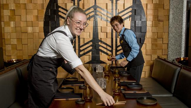 The Star Gold Coast workers Emily Berry and Matthew Tran preparing Kiyomi for reopening. Picture: Jerad Williams