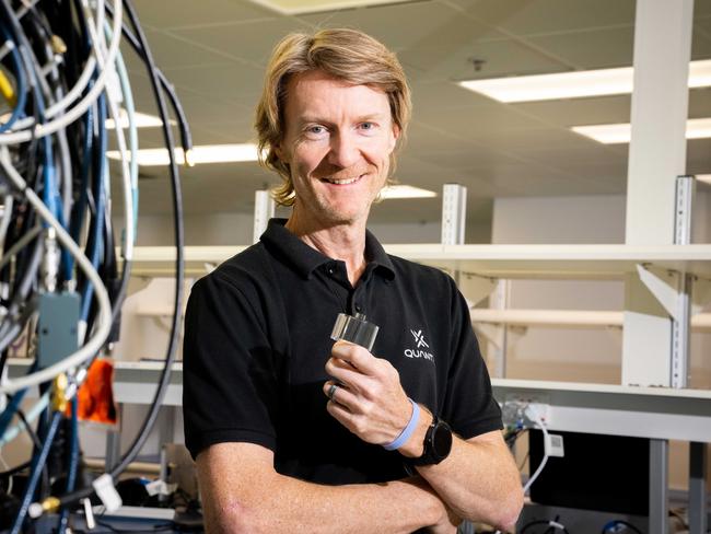 General manager of small Adelaide business QuantX, Martin O'Connor, is working with BAE Systems Australia in a defence project, with the small crystal object that he is holding. Adelaide/ Kaurna Yarta on Monday, May 15, 2023. (The Advertiser/ Morgan Sette)