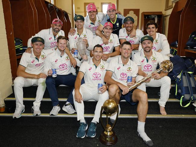 What split? The Australian team pose for a photo in the dressing rooms after winning the Border-Gavaskar trophy. Picture: Getty