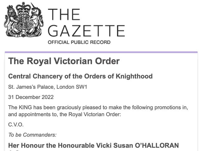 NT Administrator Vicki O'Halloran's citation from King Charles III.