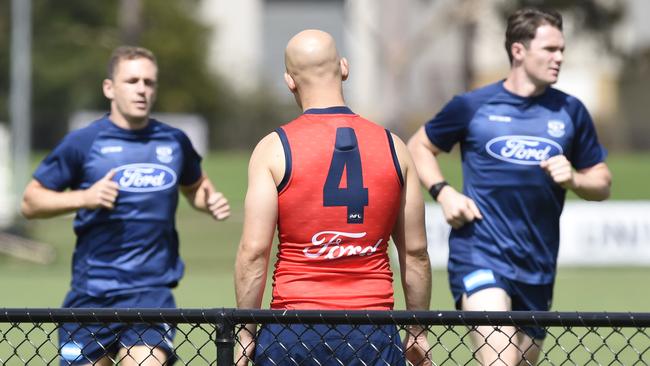 Joel Selwood, Gary Ablett Jr and Patrick Dangerfield. Geelong Cats training at Deakin Waurn Ponds. Picture: Alan Barber