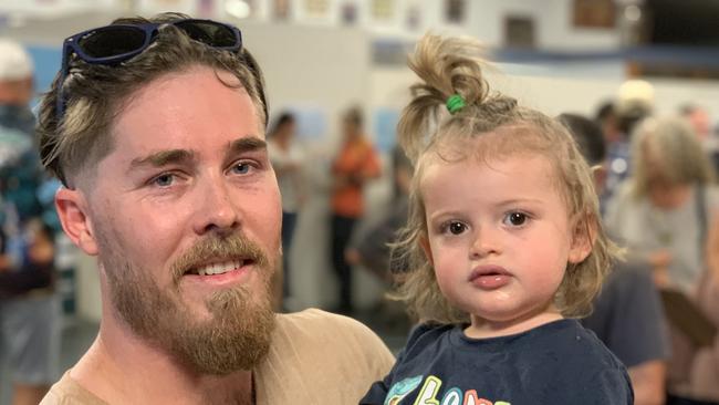 Netherdale cattle farmer Jai Rendell holds his son Archie at the October 6 Finch Hatton meeting with Queensland Hydro on the Pioneer-Burdekin pumped hydro scheme. Picture: Duncan Evans