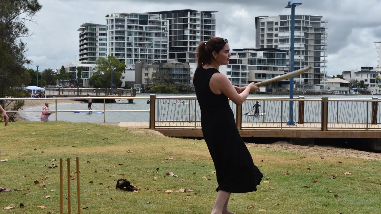 Kaitlyn Mann, Andrew Gregory and Neil McManus playing cricket in Maroochydore for Boxing Day. Picture: Sam Turner