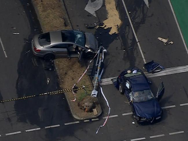 Lygon St / Elgin St Carlton car crash accident- chopper stills. Supplied: 7News