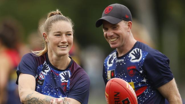 Melbourne coach Mick Stinear (right) says Harris will start the season as a forward but could play at either end of the ground. Picture: Daniel Pockett / Getty Images