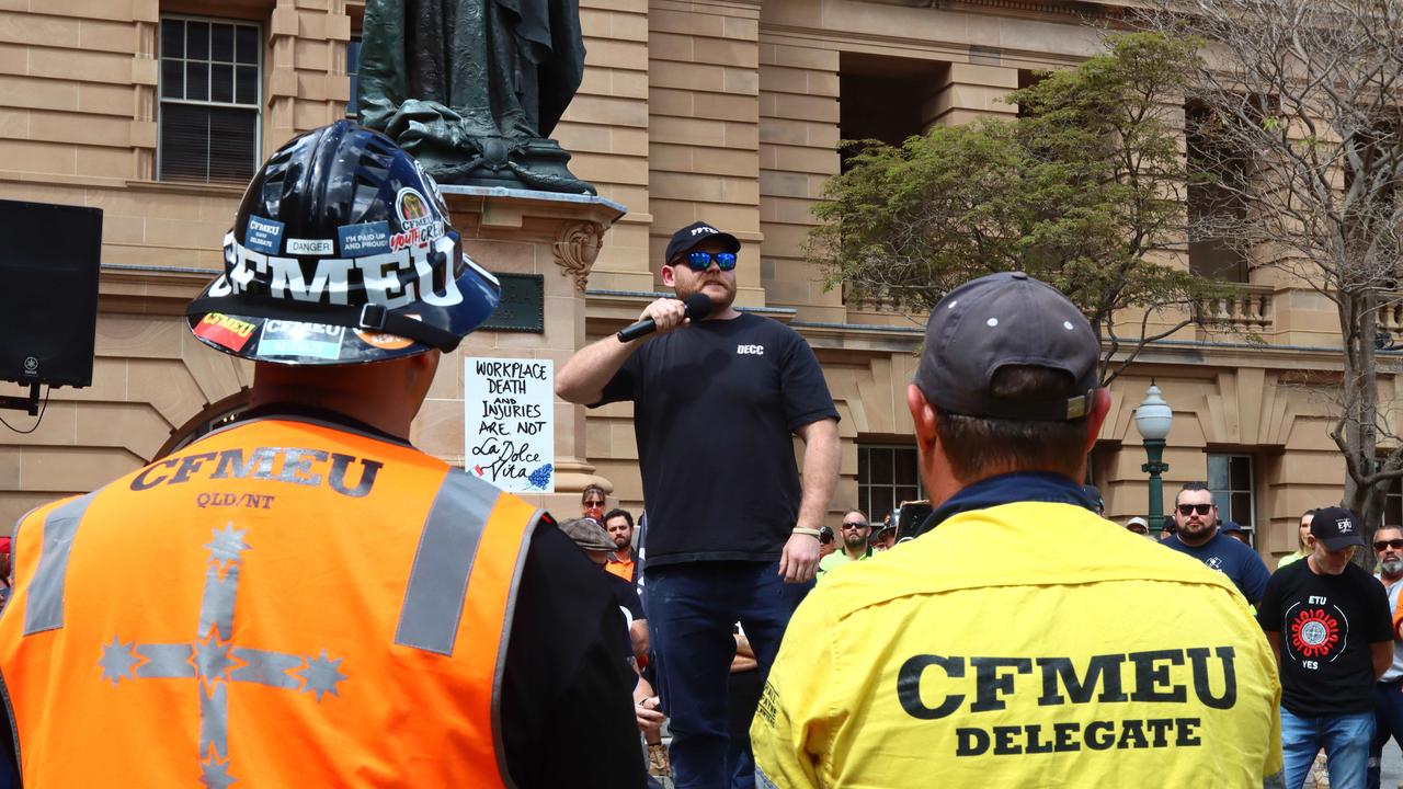 CFMEU members protest outside Parliament House on Thursday. Picture: David Clark