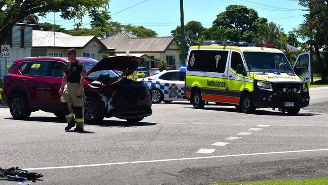 One of the vehicles badly damaged in the two-vehicle collision on the intersection of McIlwraith and Dutton streets in Ingham on Sunday morning. Picture: Cameron Bates