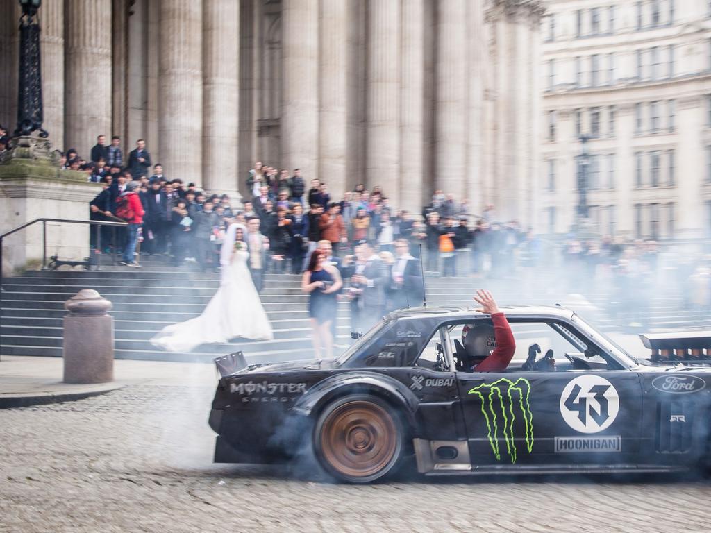 Ken Block drifting his Ford Mustang, which has featured in a number of video games. Picture: Hoonigan