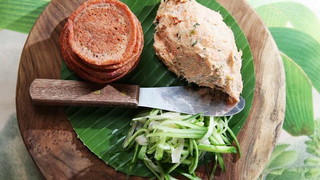 One to share: trout pate with beetroot pikelets and cucumber salad. Photo: Braden Fastier