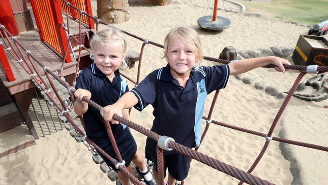 Sarah Miglioranza and Archie Williamson at the Pirate Park before their first day of school, Palm Beach. Photo by Richard Gosling