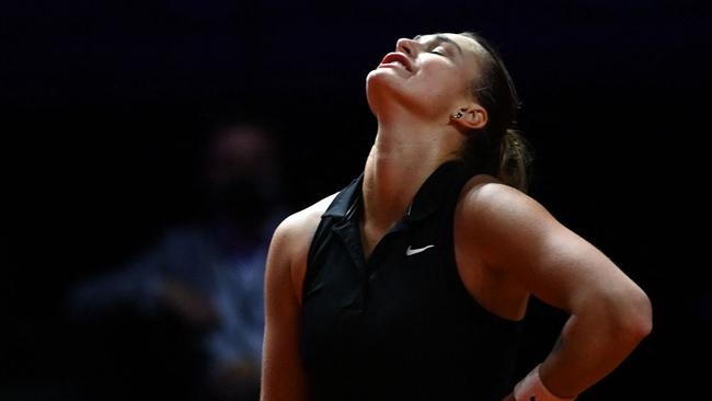 Belarus' Aryna Sabalenka shows her frustration.