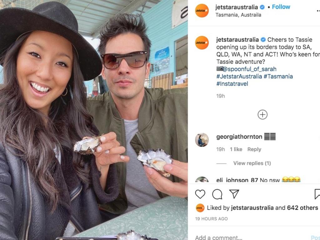 Jetstar post about borders opening in Tasmania, with a cheeky swipe to the ‘oystergate’ debacle. Picture: jetstaraustralia/Instagram