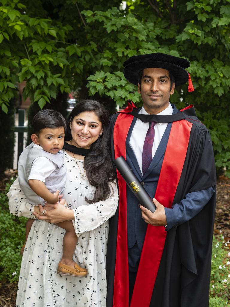 Doctor of Philosophy graduate Siddique Latif with son Muhammad Isa and wife Shazia Rasheed at the UniSQ graduation ceremony at Empire Theatres, Tuesday, December 13, 2022.