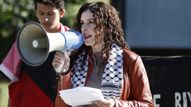 Dr Randa Abdel-Fattah, pictured speaking at a pro Palestine protest at Macquarie University in Sydney. Picture: Richard Dobson