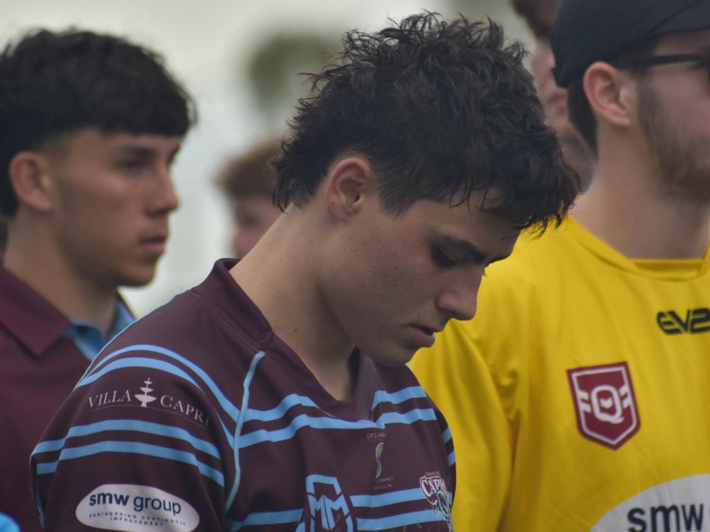 Capras under-19 player Braelan Marsh (front) and Angus Deeth at the CQ Capras versus Townsville Blackhawks underage games, Browne Park, Rockhampton, on February 17, 2024.