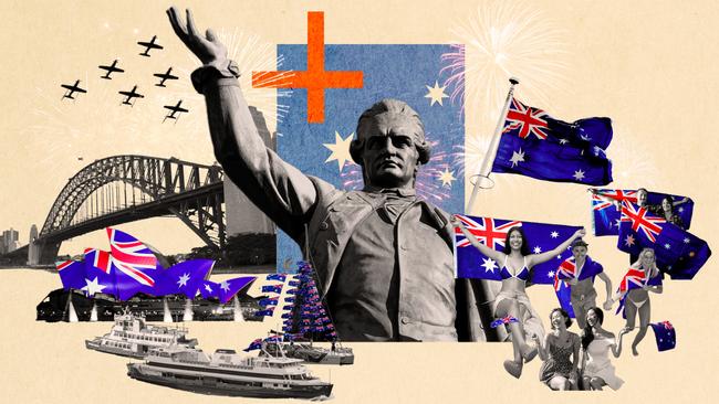 Australia Day, as many see it, with people, boats, Sydney Opera House, Sydney Harbour Bridge and James Cook statue. Artwork: Frank Ling Sources: iStock, Pexels and Pixabay