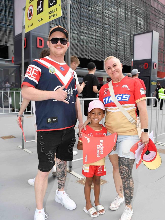 Ben Coutts with Mahlia and Janine Schierenbeck at Roosters V Dolphins, Suncorp Stadium. Picture: Patrick Woods.