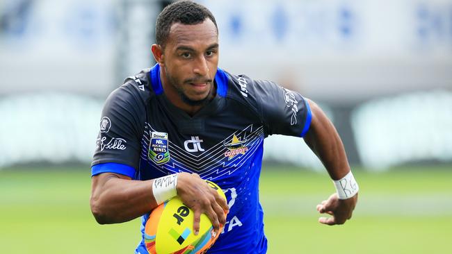 Gideon Gela-Mosbyraces away to a try in the Cowboys v Wests Tigers game during the Auckland Nines at Eden Park, Auckland, New Zealand. pic Mark Evans