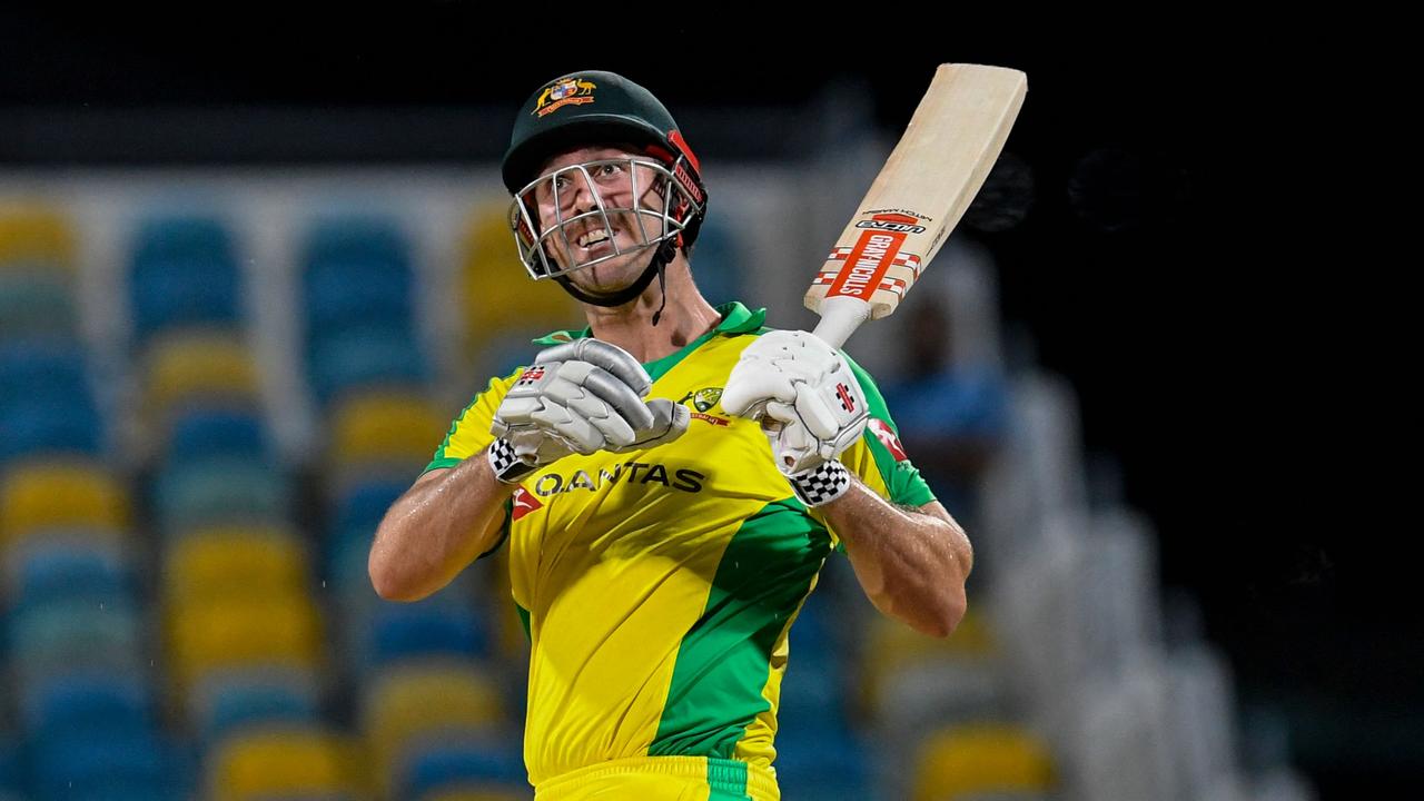 Mitchell Marsh of Australia hits 6 during the 3rd and final ODI between West Indies and Australia at Kensington Oval, Bridgetown, Barbados, on July 26, 2021.S (Photo by Randy Brooks / AFP)