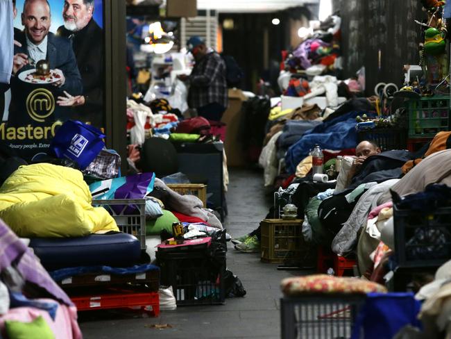 Up to 40 homeless men and women are camped out at the top of Martin Place . Picture: Bill Hearne