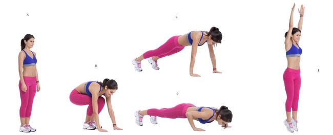 One version of the burpee: (A) Begin in a starting position. (B) Drop into a squat position with your hands on the ground. (C) Jump in a plank position. (D) Do a push up. (E) Return to plank position and back to the squat position. And finally jump up from the squat position.