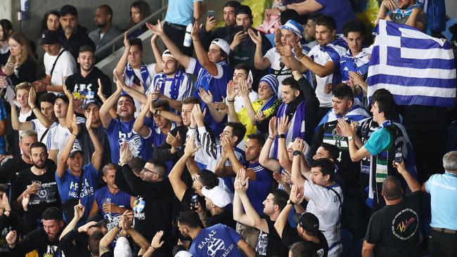 Greek fans show their support for Stefanos Tsitsipas. Picture: Getty Images