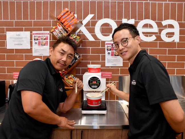 Tak Lee and Jonghyuk Lim at the Korea Mart which has opened in Fairfield Central. Picture: Evan Morgan