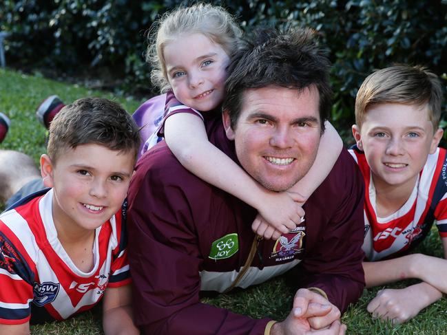 Sea Eagles legend Jamie Lyon is looking forward to retirement. Pictured with children Riley 11, Jed 9 and Ava 5. Photo: Adam Ward