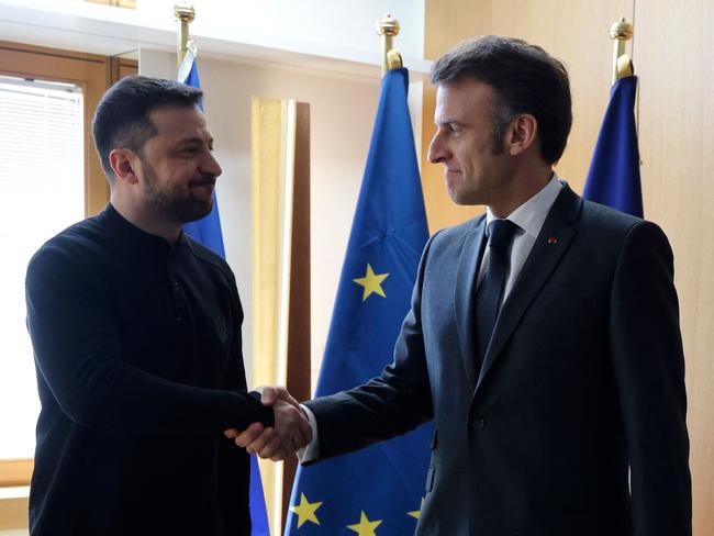 Ukraine's President Volodymyr Zelensky (L) meets France's President Emmanuel Macron in Brussels. Picture: AFP