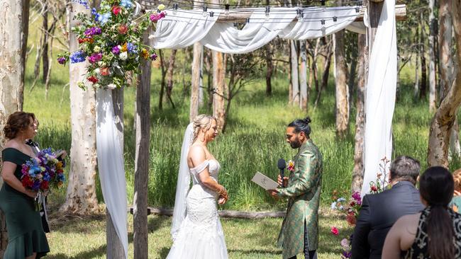 Talyssia Moretti, 29, and Shujaat Esufali, 30, were the first couple to tie the knot out at Mountain Path Meadows in November 2023. Picture: The Chapel Studio