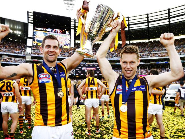 The 2015 AFL Grand Final at the MCG between the West Coast and Hawthorn AFLGF2015. Luke Hodge of Hawthorn and Sam Mitchell of Hawthorn celebrate.   Picture: Michael Klein