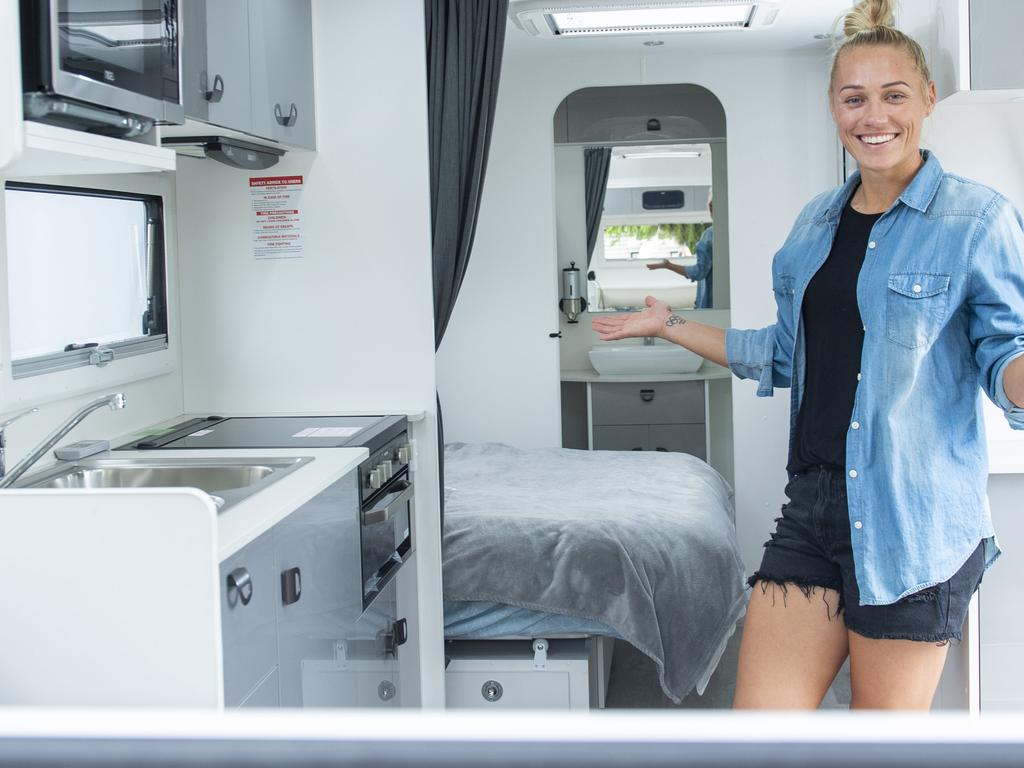 Erin Phillips inside her New Age caravan that she is using to try and avoid Covid ahead of her fourth AFLW finals campaign. Picture: Mark Brake