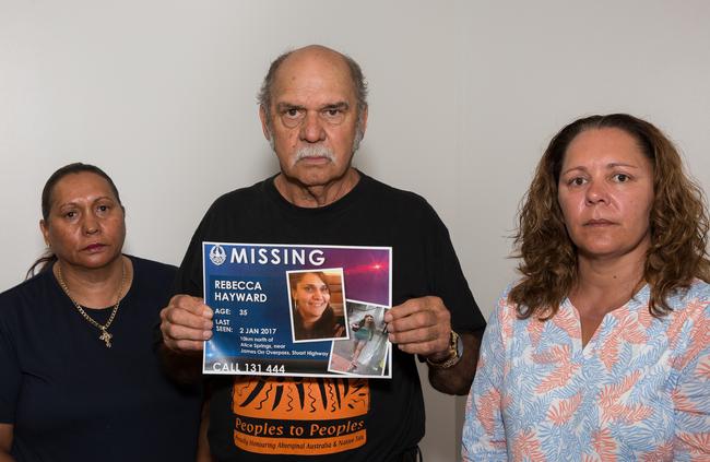 Rebecca Hayward’s aunty Cherry Hayward, father Eric Hayward Sr and sister Bonnie Hayward appealing to the public for any information about her in January 2019. Picture: JEFF TAN