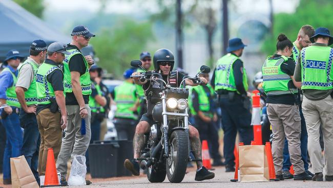 A combined law enforcement operation targeting members of the Hells Angels MC on the Stuart Highway south of Darwin. Picture: Glenn Campbell