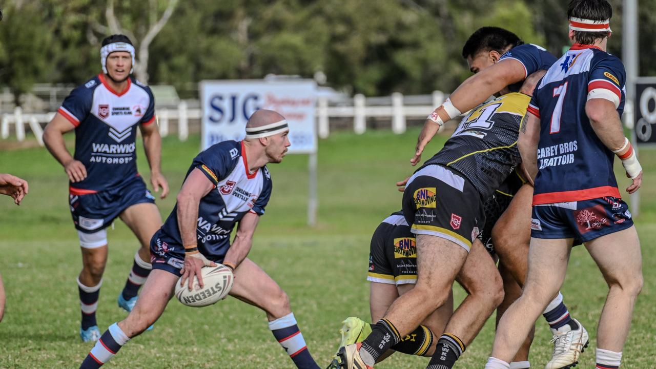 Harry Sullivan with the ball for Warwick against Gatton in TRL A-grade Round 8 rugby league at Father Ranger Oval, Sunday, June 1, 2025. Picture: Mike Spence/TRL