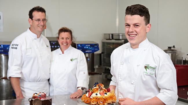 Tracy and Vicki Nickl with their son and star apprentice Josh at his family's bakery Gumnut Patisserie. Picture: Adam Yip