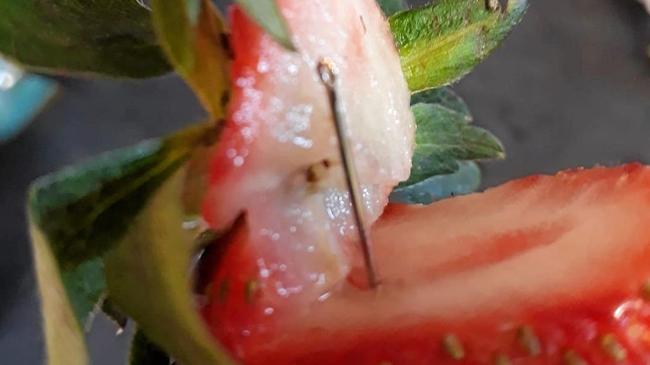 SPIKED: A needle embedded in a strawberry has been found in Tweed Heads. Picture: Facebook: Angela Stevenson