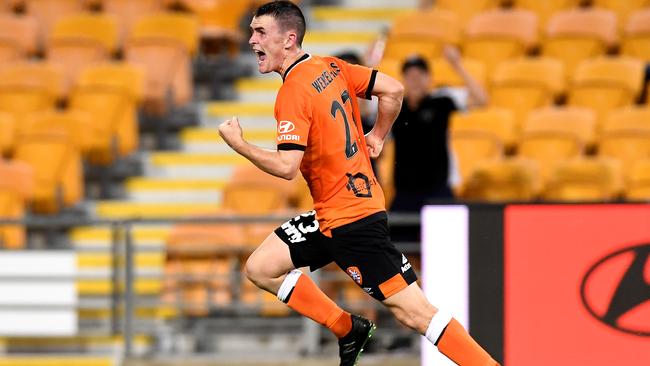 Brisbane’s Dylan Wenzel-Halls celebrates his late winner against Sydney FC. Picture: Getty Images