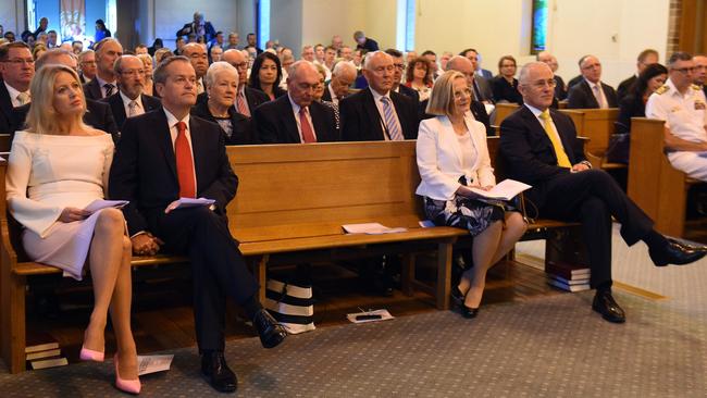 Opposition Leader Bill Shorten, wife Chloe, PM Malcolm Turnbull and wife Lucy show their faith. Picture: AAP