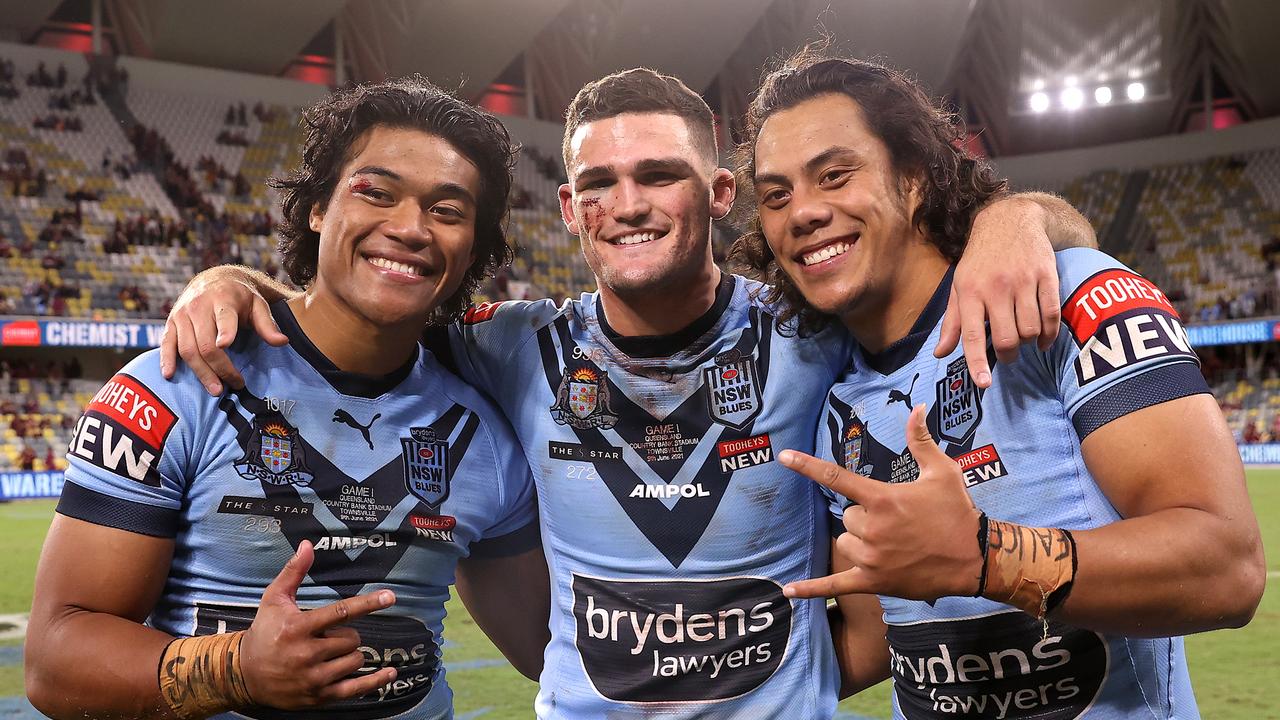 Brian To’o, Nathan Cleary and Jarome Luai in celebration mode.