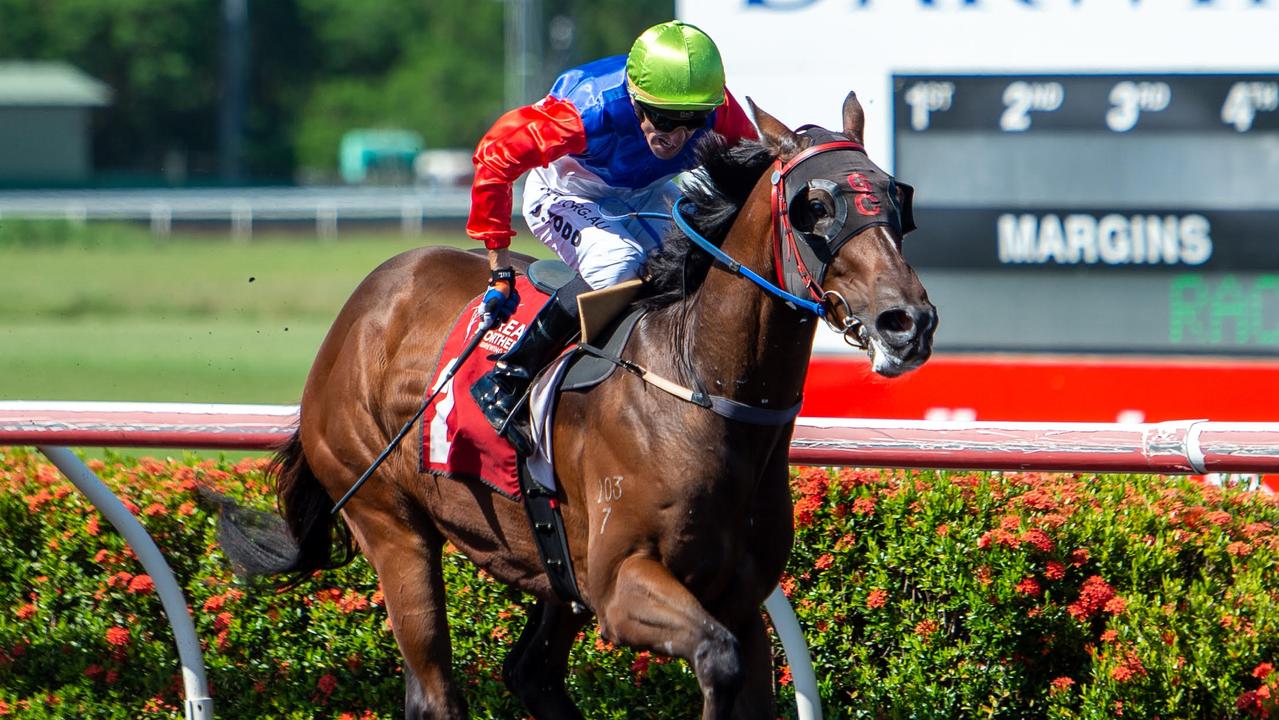 Supplied Editorial Gary Clarke's Obligatory with Jarrod Todd in the saddle wins the race  one feature at Fannie Bay on March 5, 2021. Picture: Caroline Camilleri