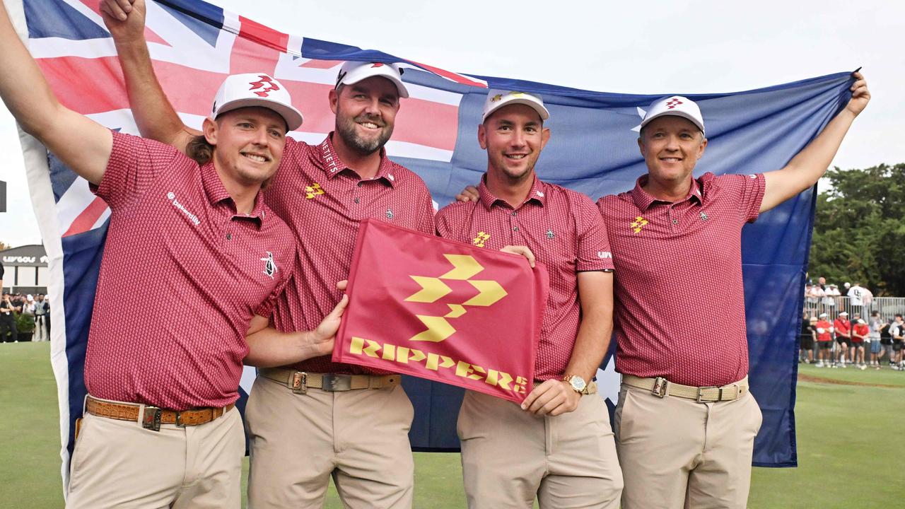 Cameron Smith, Marc Leishman, Lucas Herbert, and Matt Jones celebrate winning the playoff in Adelaide. Picture: Brenton Edwards / AFP