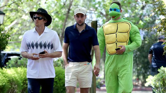 Rory Sloane, Rory Atkins and Josh Jenkins arrive for their end of season lunch. Picture: Calum Robertson