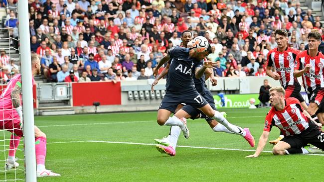 Cristian Romero heads home the opening goal for Tottenham. Picture: AFP