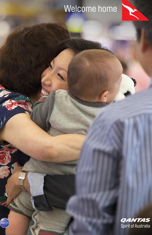 Home again ... A mother living in Hong Kong bringing her new baby home to his grandparents for the first time in the Qantas Welcome Home campaign.