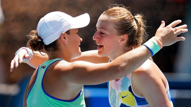 Ash Barty hugs Petra Kvitova after the quarterfinal. Picture: AAP/Scott Barbour