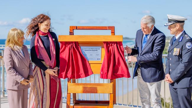 Gold Coast Deputy Mayor Donna Gates, Tweed Shire Council Mayor Chris Cherry, Tweed MP Geoff Provest and Marine Rescue NSW Commissioner Alex Barrell at the official opening of the new Captain Cook Memorial and Point Danger Lighthouse on Tuesday, July 16, 2024. Picture: Supplied.