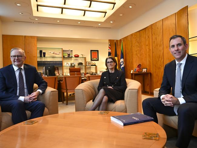 (L-R) Australian Prime Minister Anthony Albanese, incoming RBA governor Michele Bullock and Australian Treasurer Jim Chalmers speak during a meeting at Parliament House in Canberra, Friday, July 14, 2023. (AAP Image/Lukas Coch) NO ARCHIVING