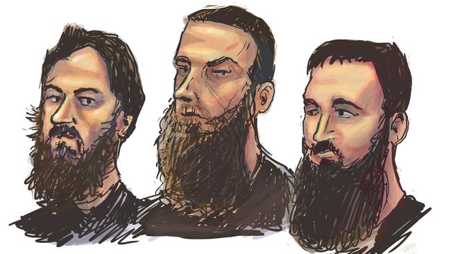 Accused "tinny terrorists" (L-R) Antonio Granata, Musa Cerantonio, Paul Dacre in the Melbourne Magistrates' Court. Illustration: Mitchell Toy